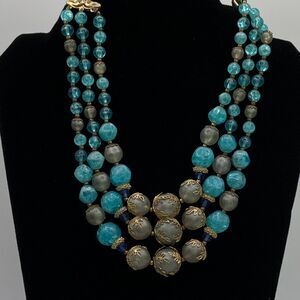 Vintage Necklace DeVille Multi Strand  Lucite with Gold Tone  Accents 17” Teal